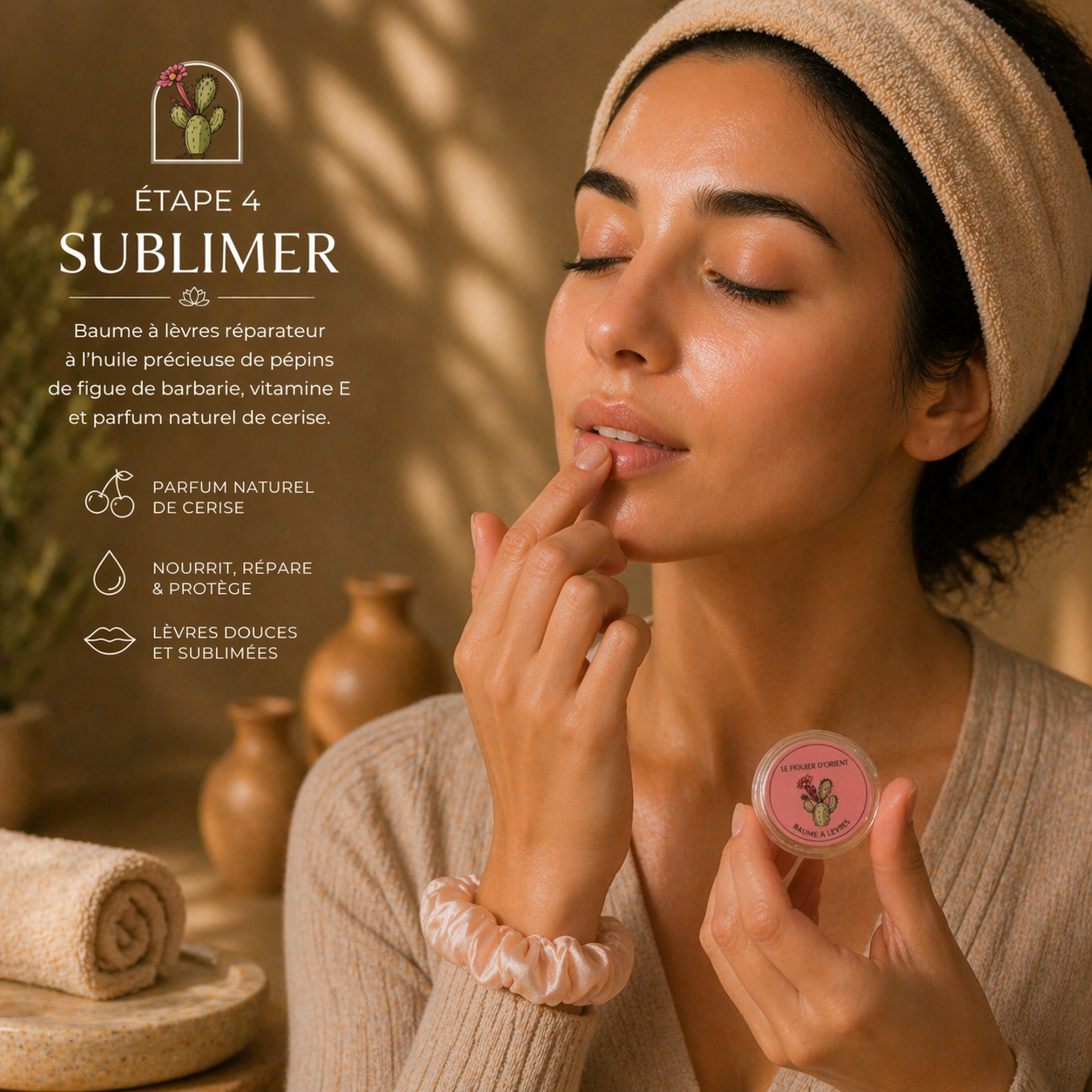 application du baume à lèvres réparateur le figuier d’orient enrichi à l’huile de pépins de figue de barbarie pour des lèvres nourries douces et sublimées rituel beauté naturel haut de gamme