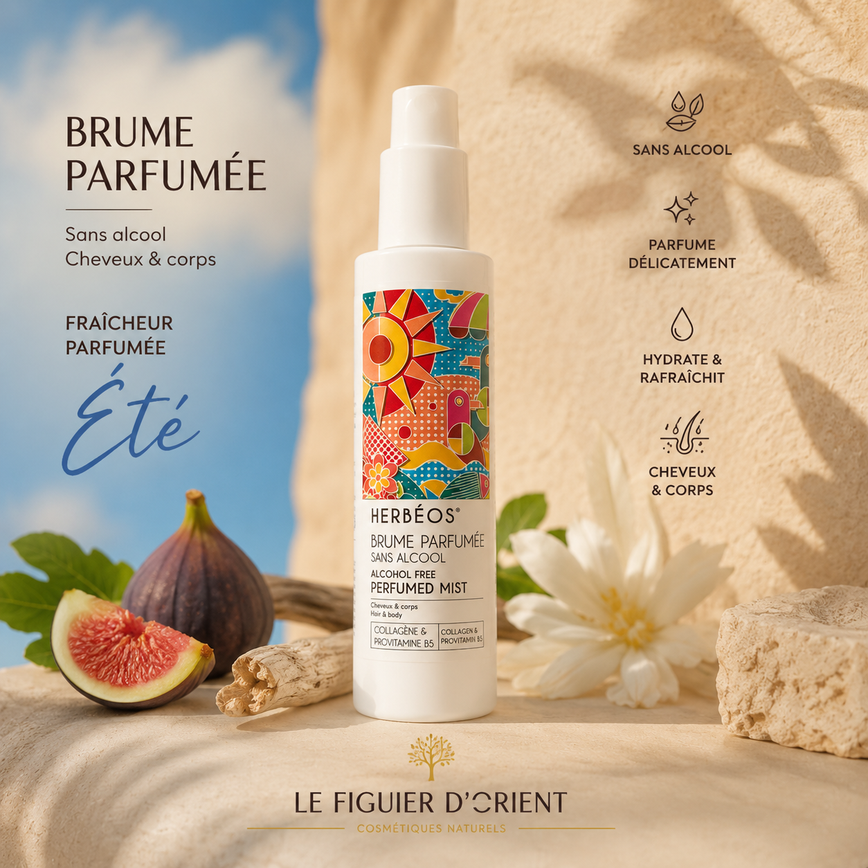 Brume parfumée sans alcool Herbéos pour cheveux et corps – parfum délicat, hydratation et fraîcheur estivale – Le Figuier d'Orient