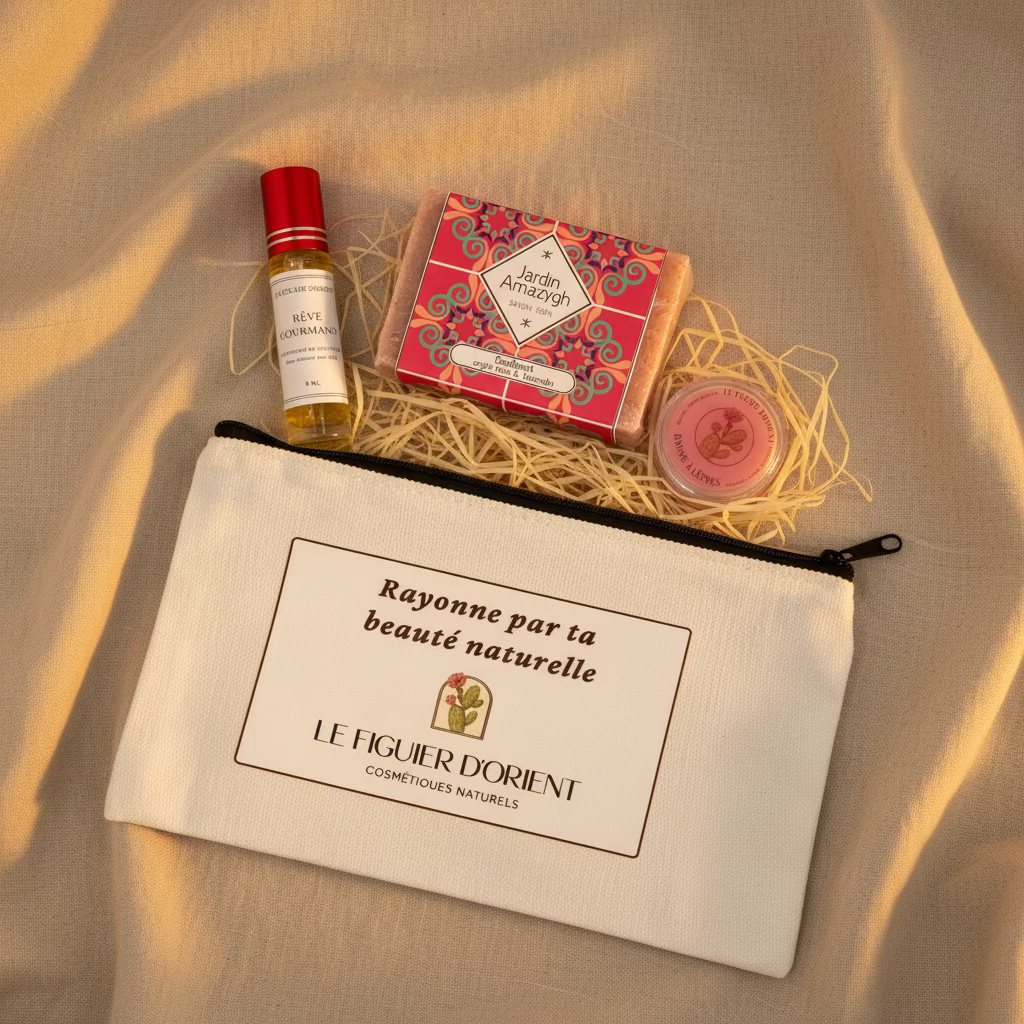 Coffret cadeau fête des mères Le Figuier d’Orient avec musc Rêve Gourmand, savon naturel Jardin Amazigh et baume à lèvres, présenté dans une pochette élégante prêt à offrir pour maman