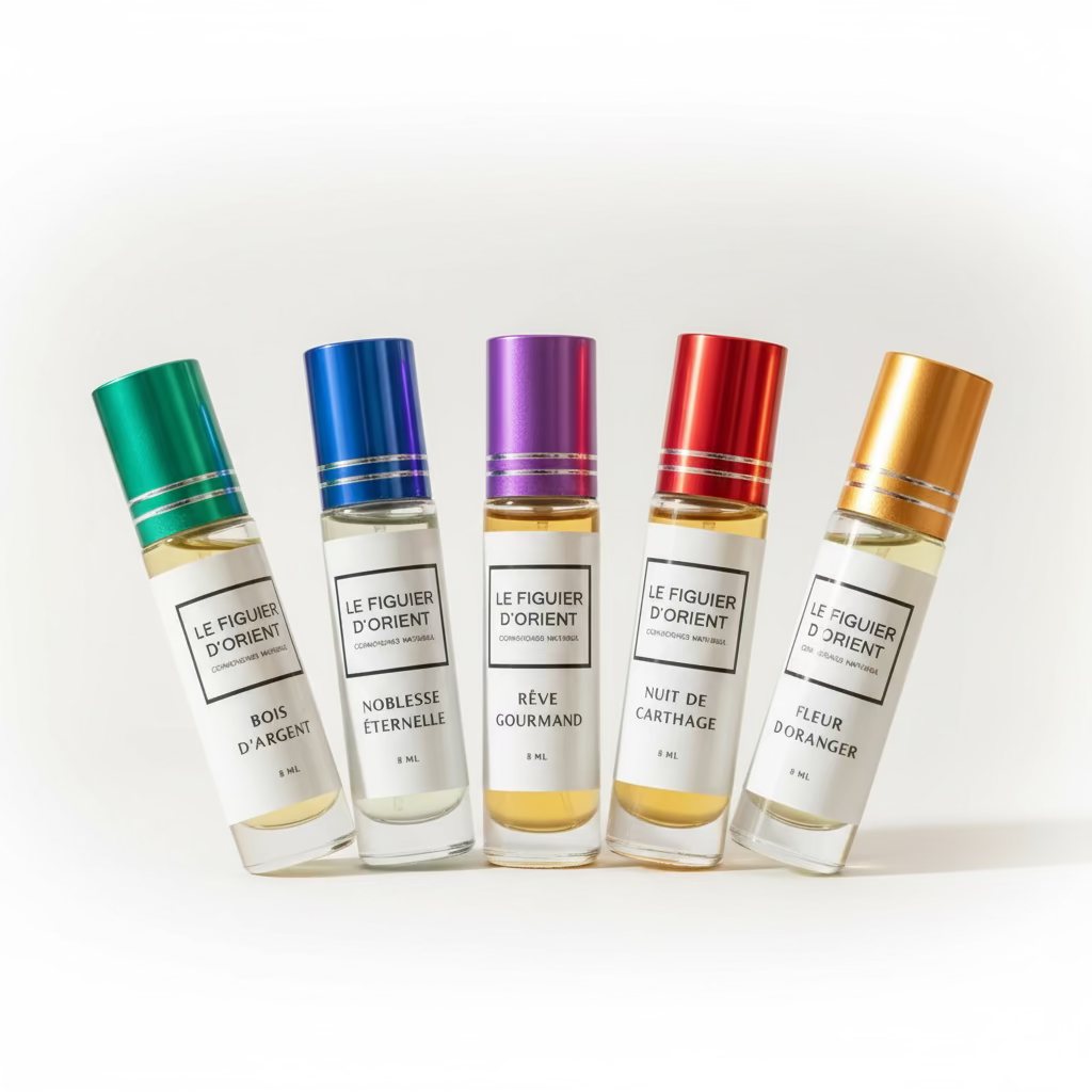 Coffret Découverte Le Figuier d’Orient – cinq extraits de parfums purs sans alcool, visibles côte à côte : Rêve Gourmand, Noblesse Éternelle, Nuit de Carthage, Bois d’Argent et Fleur d’Oranger. Parfums musc haut de gamme inspirés de l’Orient et du bien-être sensoriel.