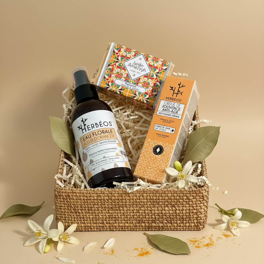 Coffret Éclat de Tendresse Le Figuier d’Orient – rituel anti-âge naturel et apaisant pour peaux matures et sensibles, avec crème de jouvence, eau florale de fleur d’oranger et savon régénérant au curcuma et sésame, dans un écrin chaleureux et élégant.