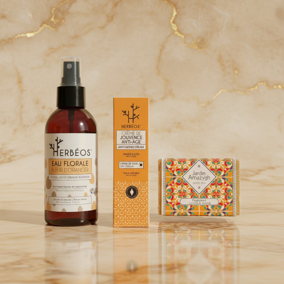 Coffret Éclat de Tendresse Le Figuier d’Orient – crème de jouvence anti-âge, eau florale de fleur d’oranger et savon naturel au curcuma et sésame, présentés de face sur une surface beige dorée élégante.