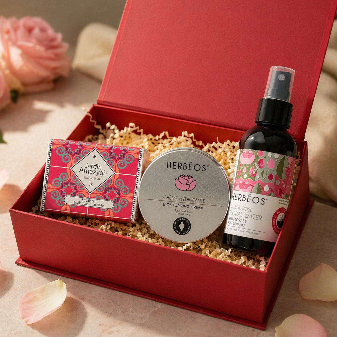 Coffret cadeau rose de damas prêt à offrir – rituel de soins visage naturels pour une peau douce et lumineuse – Le Figuier d’Orient