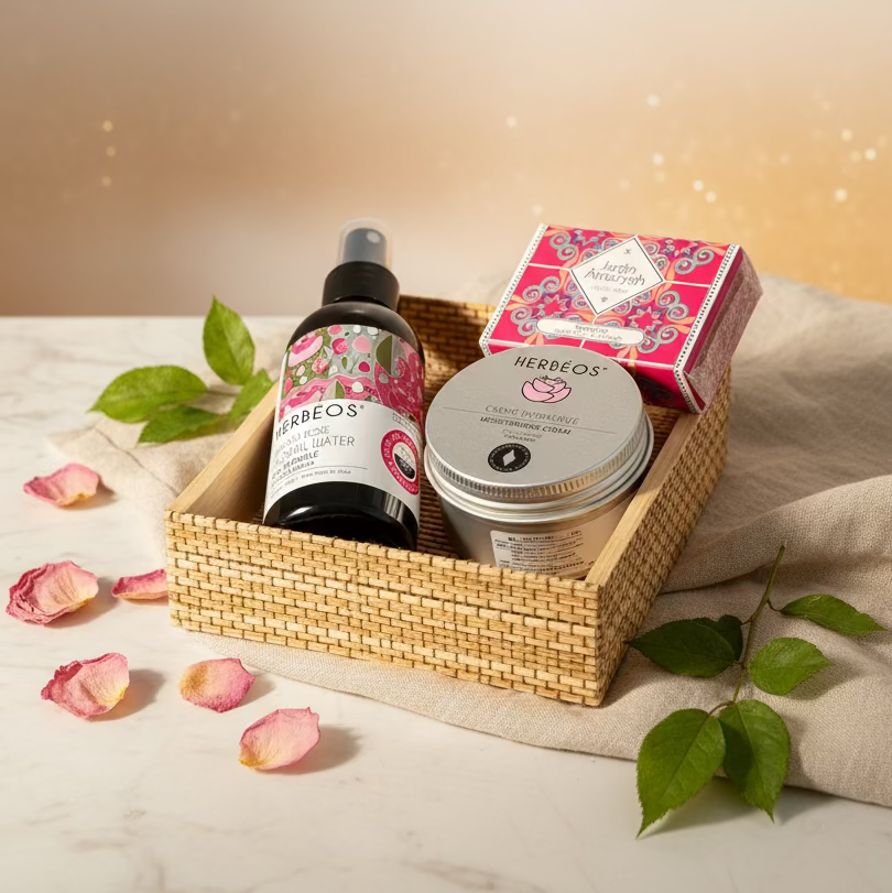 Coffret Rose de Damas Le Figuier d’Orient – soins naturels hydratants et équilibrants avec eau florale bio de rose de Damas, crème nourrissante à la figue de Barbarie et savon à l’argile rose, dans un écrin élégant et raffiné.