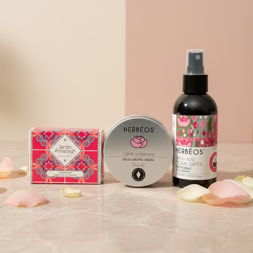 Coffret Rose de Damas Le Figuier d’Orient – eau florale bio, crème hydratante à la rose et savon à l’argile rose alignés de face sur surface marbrée beige rosée, avec pétales de rose délicatement posés, ambiance élégante et naturelle.