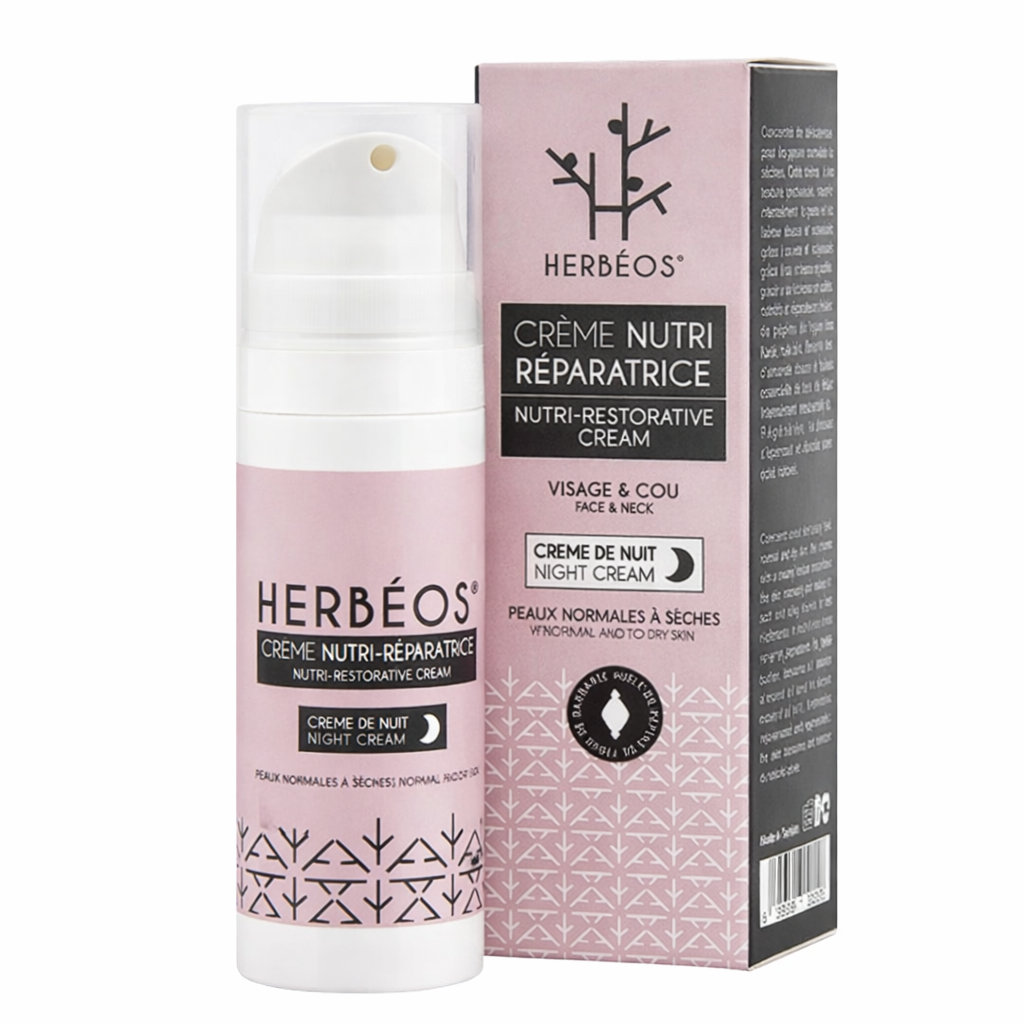 Crème nutri réparatrice HERBÉOS crème de nuit nourrissante visage et cou pour peaux normales à sèches avec flacon et boîte
