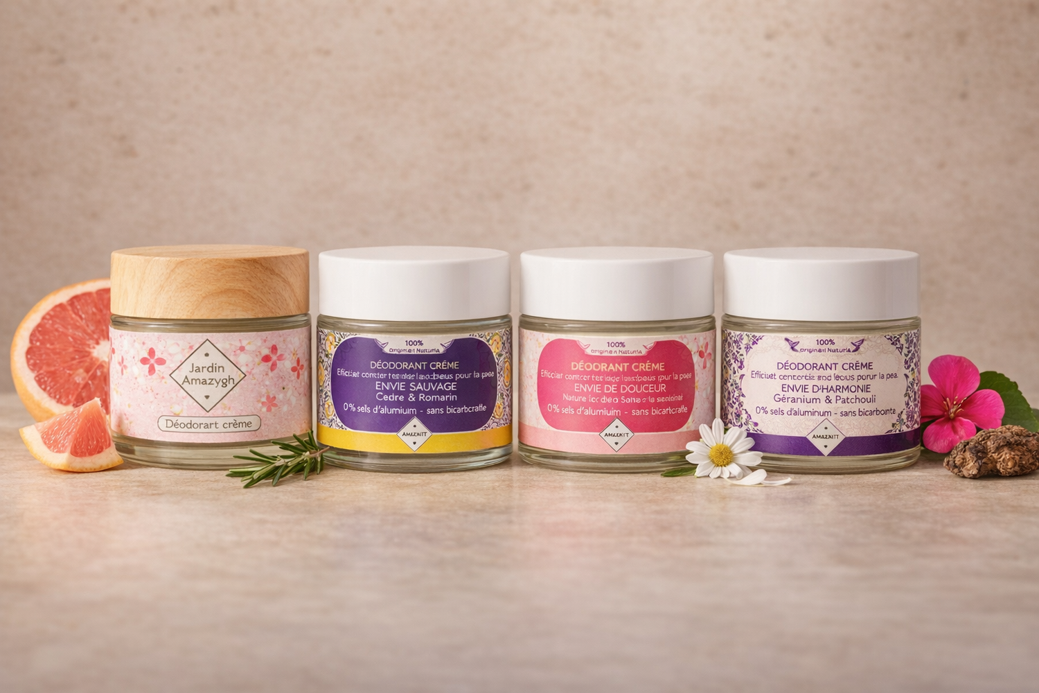 Coffret de 4 déodorants naturels crème Le Figuier d’Orient – pamplemousse, cèdre romarin, douceur peau sensible et géranium patchouli – déodorant naturel sans aluminium.