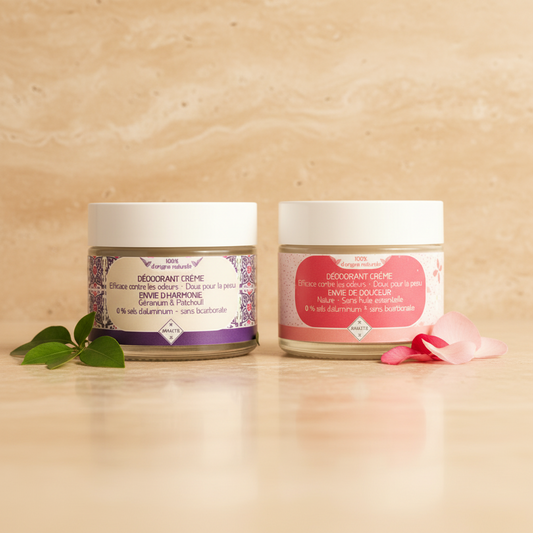 Duo déodorants naturels crème sans aluminium – Géranium & Patchouli et Envie de Douceur – peaux sensibles – Le Figuier d’Orient Suisse