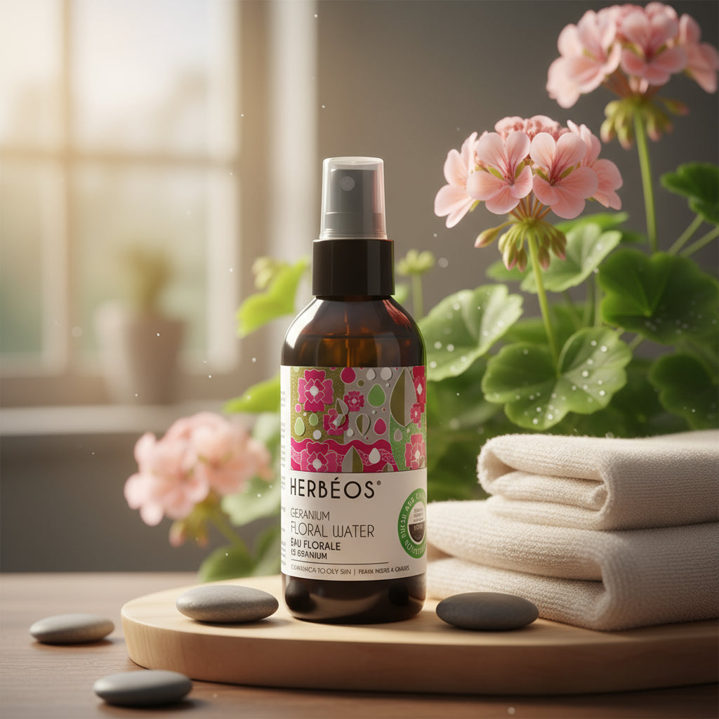 Eau florale de géranium rosat naturelle et purifiante – flacon raffiné Le Figuier d’Orient, cosmétique végétal apaisant et tonifiant pour la peau, inspiré des rituels orientaux.