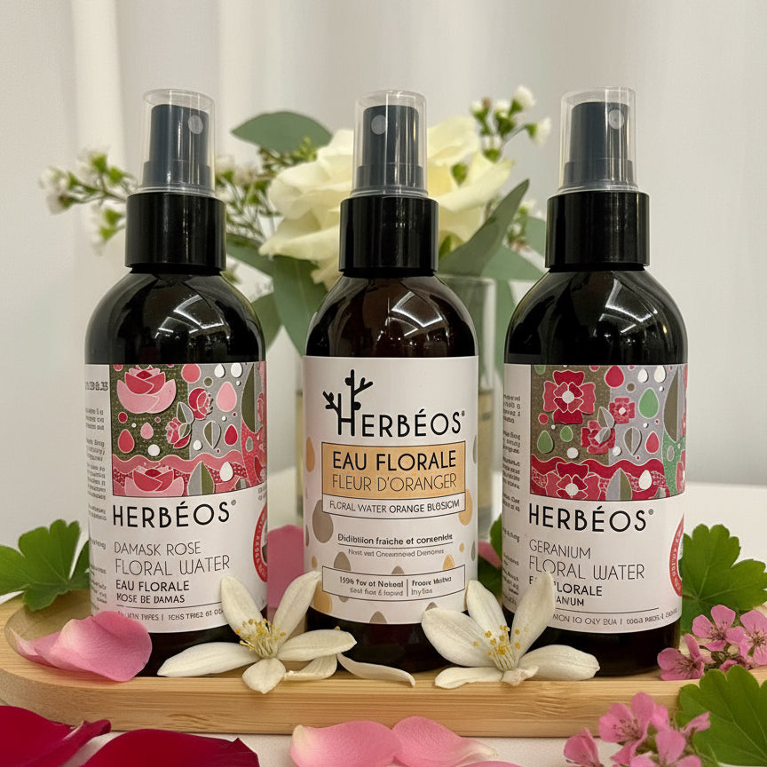 Coffret trio d’eaux florales naturelles du Figuier d’Orient – eau florale de rose de Damas, de fleur d’oranger et de géranium rosat, soins purifiants et apaisants inspirés des rituels de beauté orientaux, pour une peau fraîche, éclatante et hydratée.