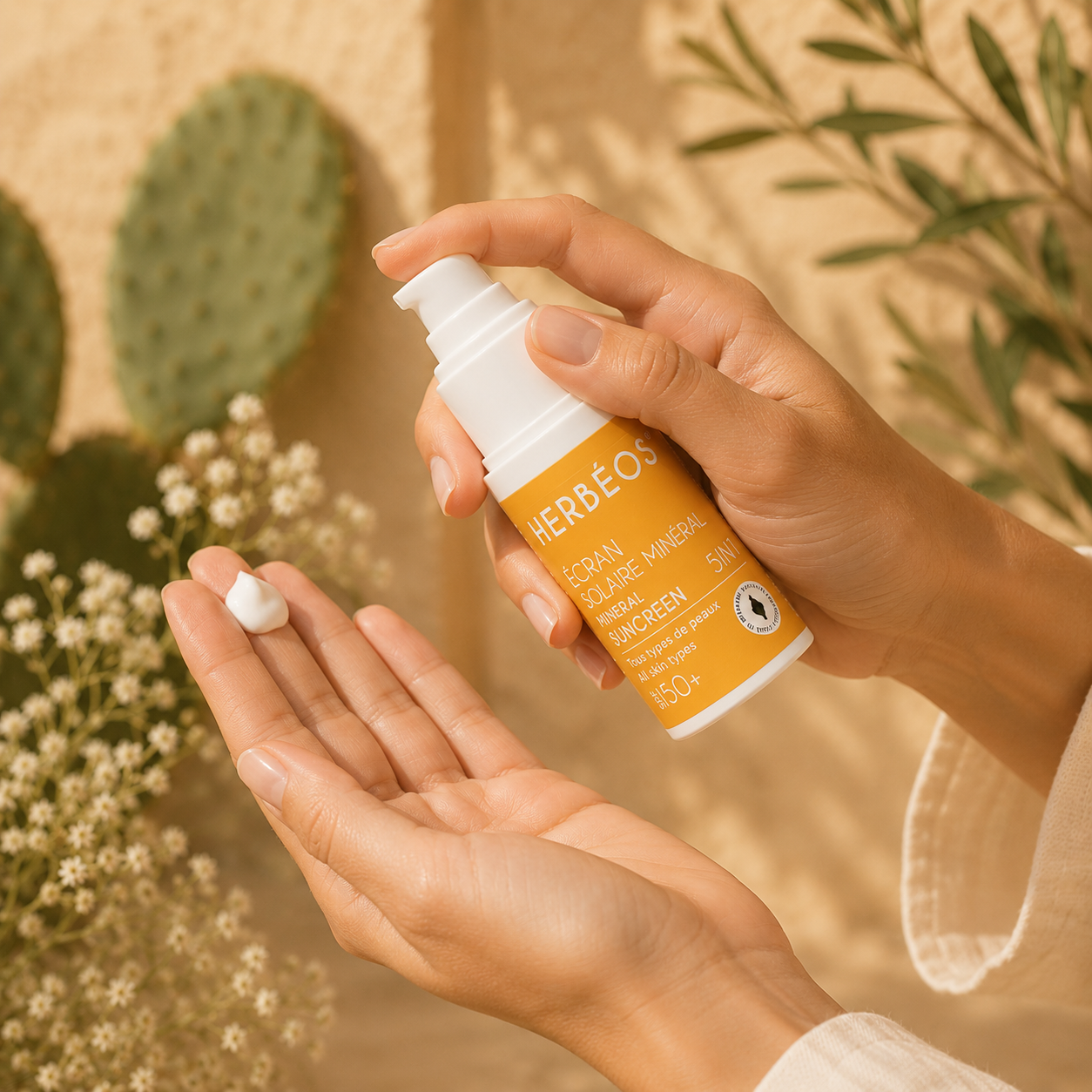 Application de l'écran solaire minéral SPF 50+ anti-âge Le Figuier d'Orient montrant la texture onctueuse de la crème solaire enrichie en huile de pépins de figue de Barbarie.