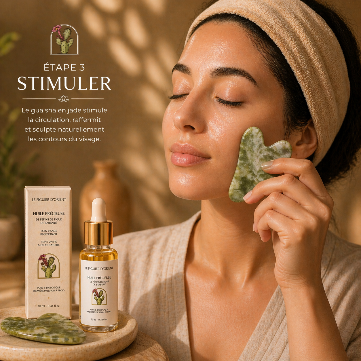 Femme utilisant un gua sha en jade sur le visage avec l’huile de pépins de figue de barbarie Le Figuier d’Orient, étape 3 du rituel beauté naturel pour stimuler la circulation et raffermir la peau