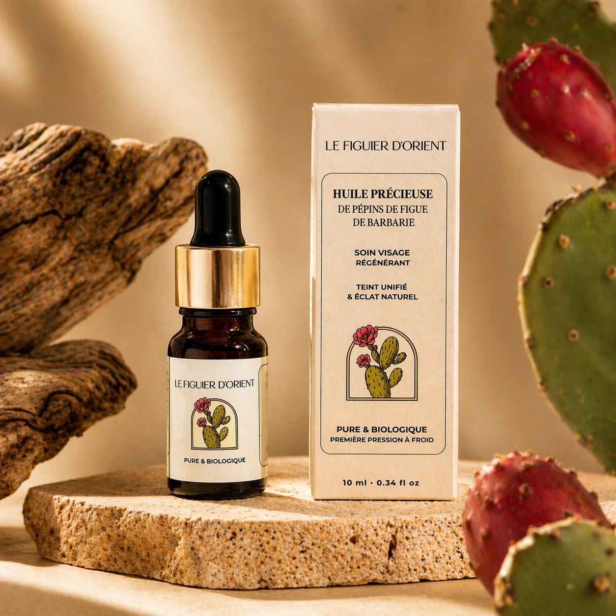 Huile de pépins de figue de barbarie bio Le Figuier d’Orient avec cactus, soin visage naturel régénérant et éclat naturel