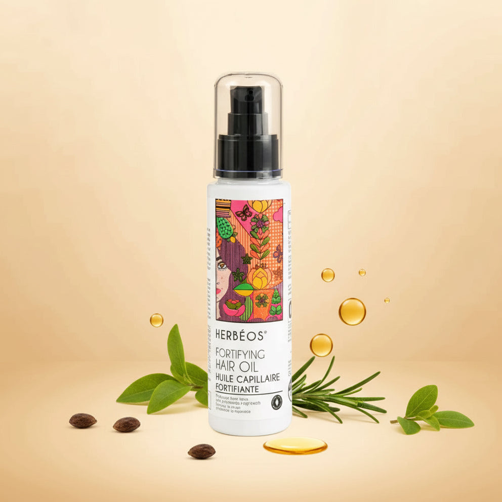 Huile fortifiante et stimulante naturelle Le Figuier d’Orient – soin anti-chute pour la repousse et la vitalité des cheveux, présentée sur fond beige doré naturel et élégant, avec ingrédients végétaux autour.