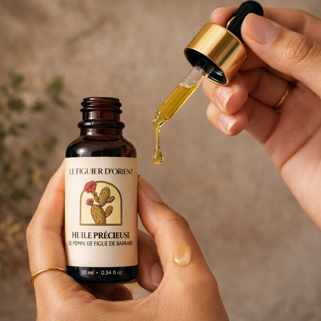 Femme appliquant une huile de pépins de figue de barbarie bio Le Figuier d’Orient avec pipette – soin visage naturel anti-âge.