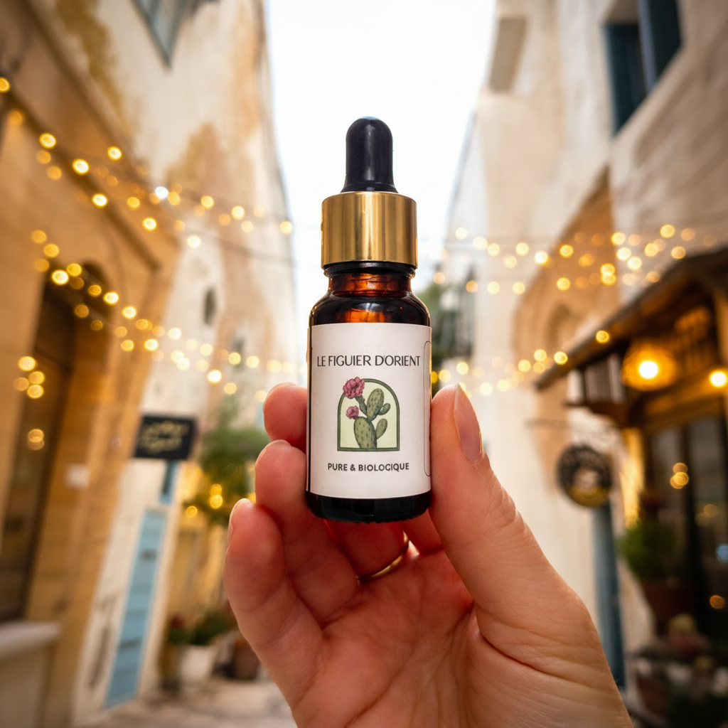 Huile précieuse de pépins de figue de barbarie biologique Le Figuier d’Orient tenue en main dans une ruelle méditerranéenne, rituel de beauté naturel