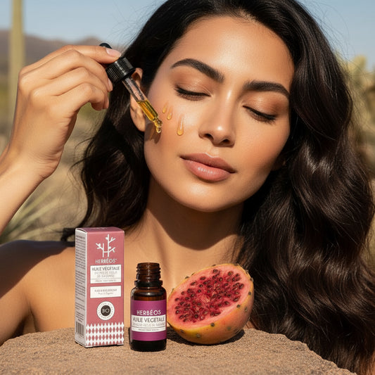 Huile de pépins de figue de Barbarie pure et naturelle – flacon doré élégant sur fond épuré, produit cosmétique anti-âge du Figuier d’Orient, marque suisse inspirée des rituels orientaux.