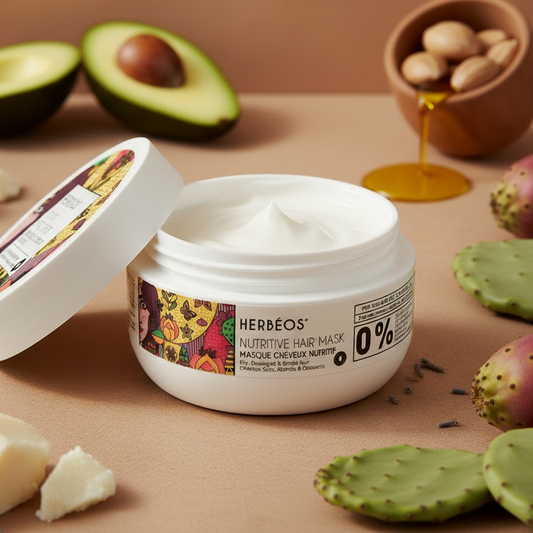 Masque capillaire réparateur naturel enrichi en kératine, collagène, huile de pépins de figue de Barbarie, argan et avocat — soin nourrissant Le Figuier d’Orient pour cheveux secs et abîmés.