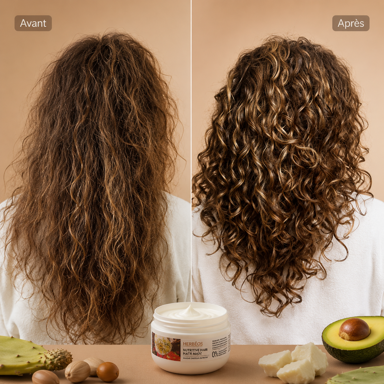 Avant / après l'utilisation du masque nutritif Le Figuier d'Orient : cheveux secs transformés en boucles nourries, définies et brillantes.