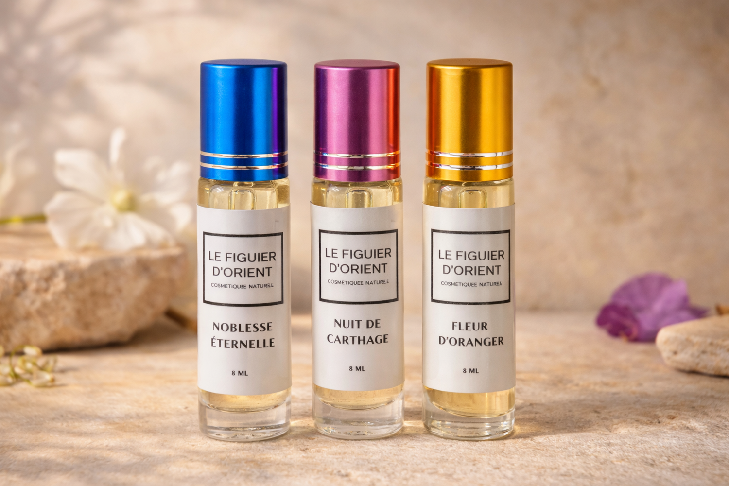 collection de muscs parfumés naturels Le Figuier d’Orient avec Noblesse Éternelle Nuit de Carthage et Fleur d’Oranger