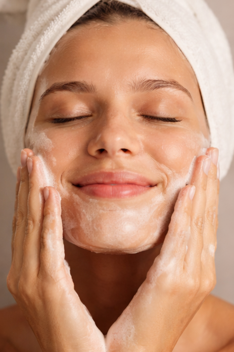 Femme appliquant un nettoyant visage pour préparer la peau avant l’application de l’huile de pépins de figue de barbarie bio Le Figuier d’Orient