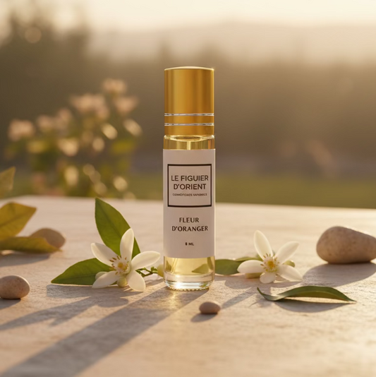 Parfum Fleur d’Oranger du Figuier d’Orient – extrait de parfum sans alcool à la fleur d’oranger, aux vertus apaisantes et relaxantes, dans un univers naturel, élégant et haut de gamme.