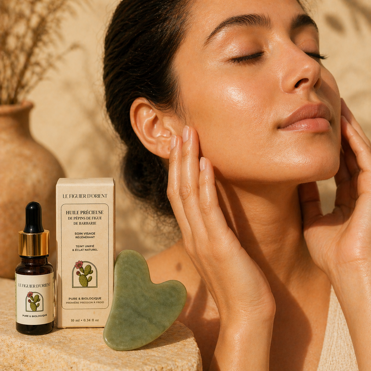 Peau lumineuse après application de l’huile de pépins de figue de barbarie avec rituel gua sha – éclat naturel du visage – Le Figuier d’Orient