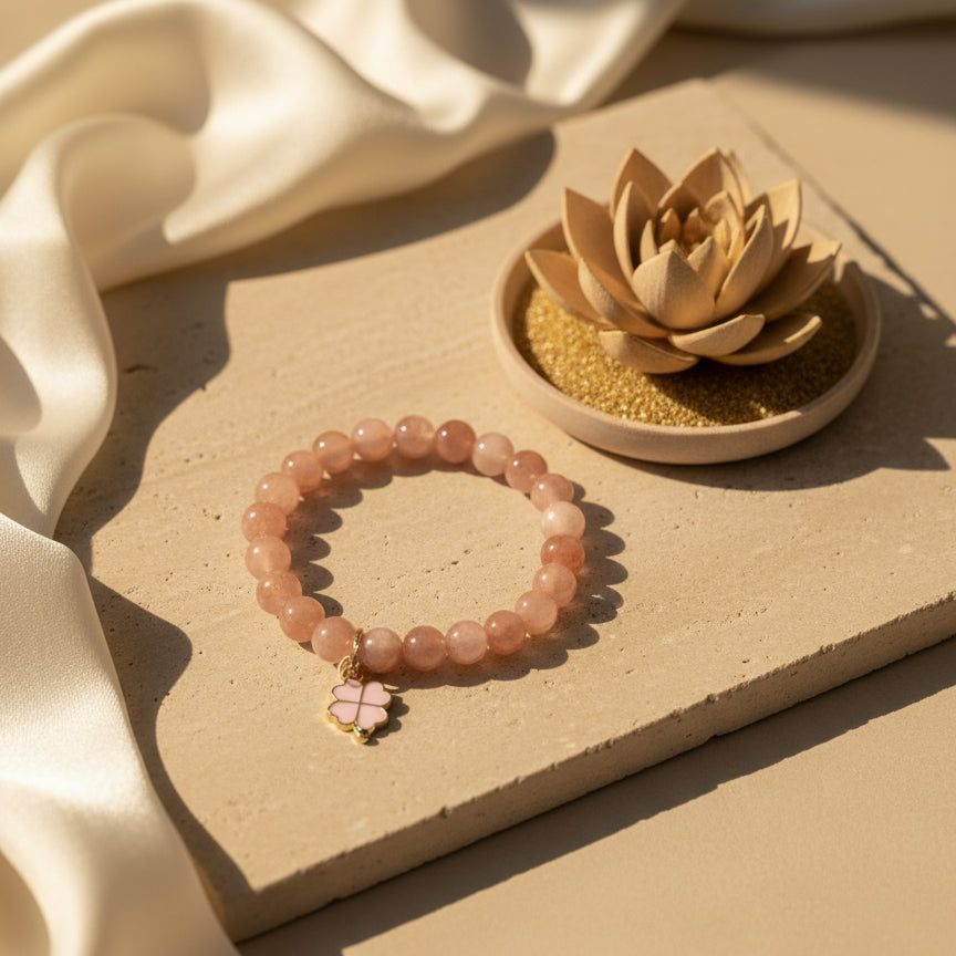 Bracelet d’harmonie en quartz rose mis en scène dans un décor zen et raffiné, évoquant la douceur et la sérénité de l’univers Le Figuier d’Orient.