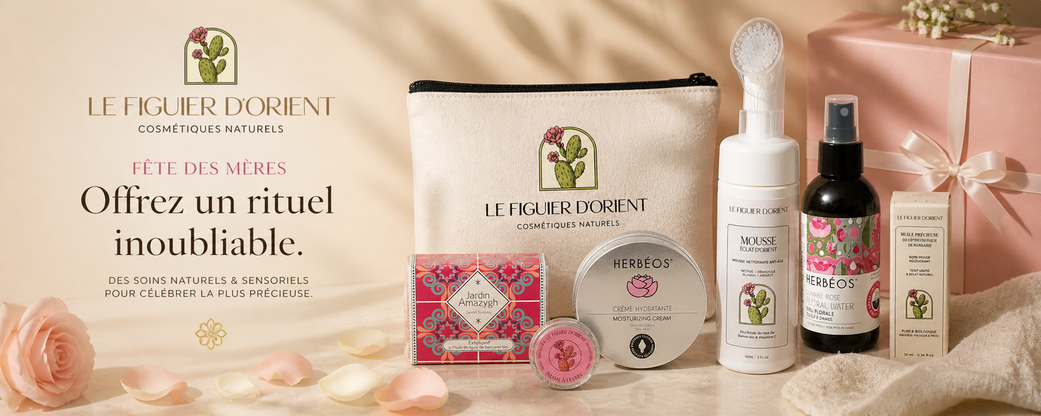 Rituel cadeau Fête des Mères Le Figuier d’Orient avec cosmétiques naturels à base de figue de barbarie : mousse nettoyante, huile précieuse, eau florale et soins visage premium