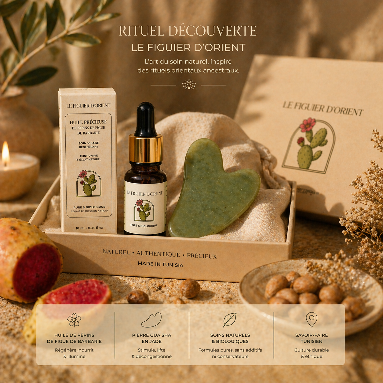 Coffret rituel découverte à l’huile de pépins de figue de barbarie avec gua sha – soin visage naturel et luxueux – Le Figuier d’Orient