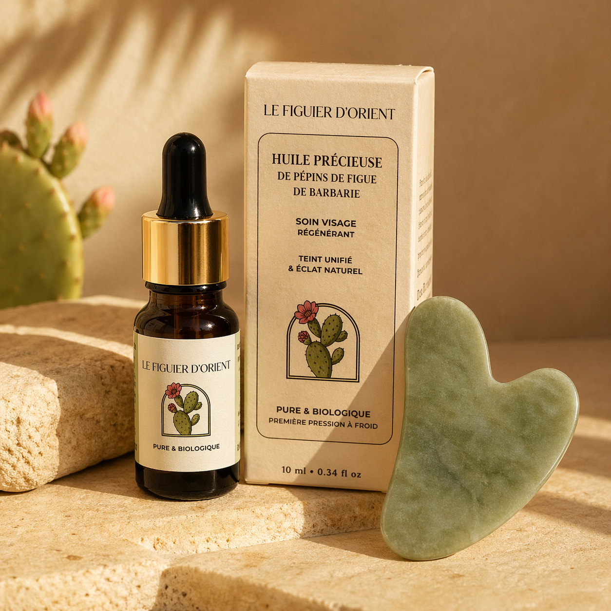 Rituel découverte Le Figuier d’Orient avec huile précieuse de pépins de figue de barbarie bio et pierre gua sha en jade, soin visage naturel anti-âge inspiré des rituels orientaux