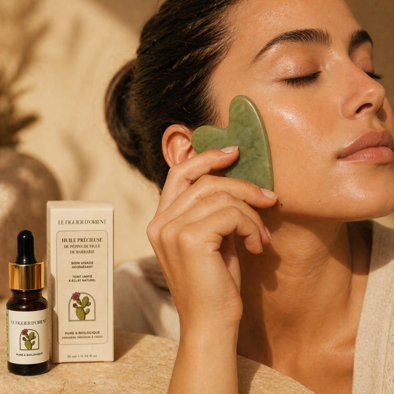 Rituel visage au gua sha avec huile de pépins de figue de barbarie – massage naturel pour une peau lumineuse – Le Figuier d’Orient