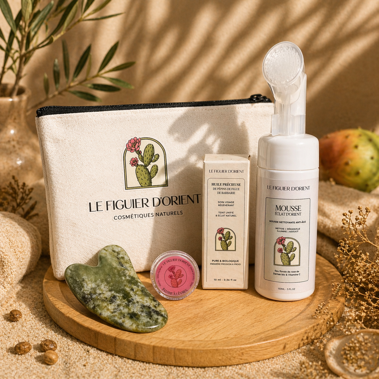 Rituel signature Le Figuier d’Orient avec huile de pépins de figue de barbarie biologique, mousse nettoyante visage, pierre gua sha en jade et baume à lèvres naturel – soin complet inspiré des rituels de beauté orientaux