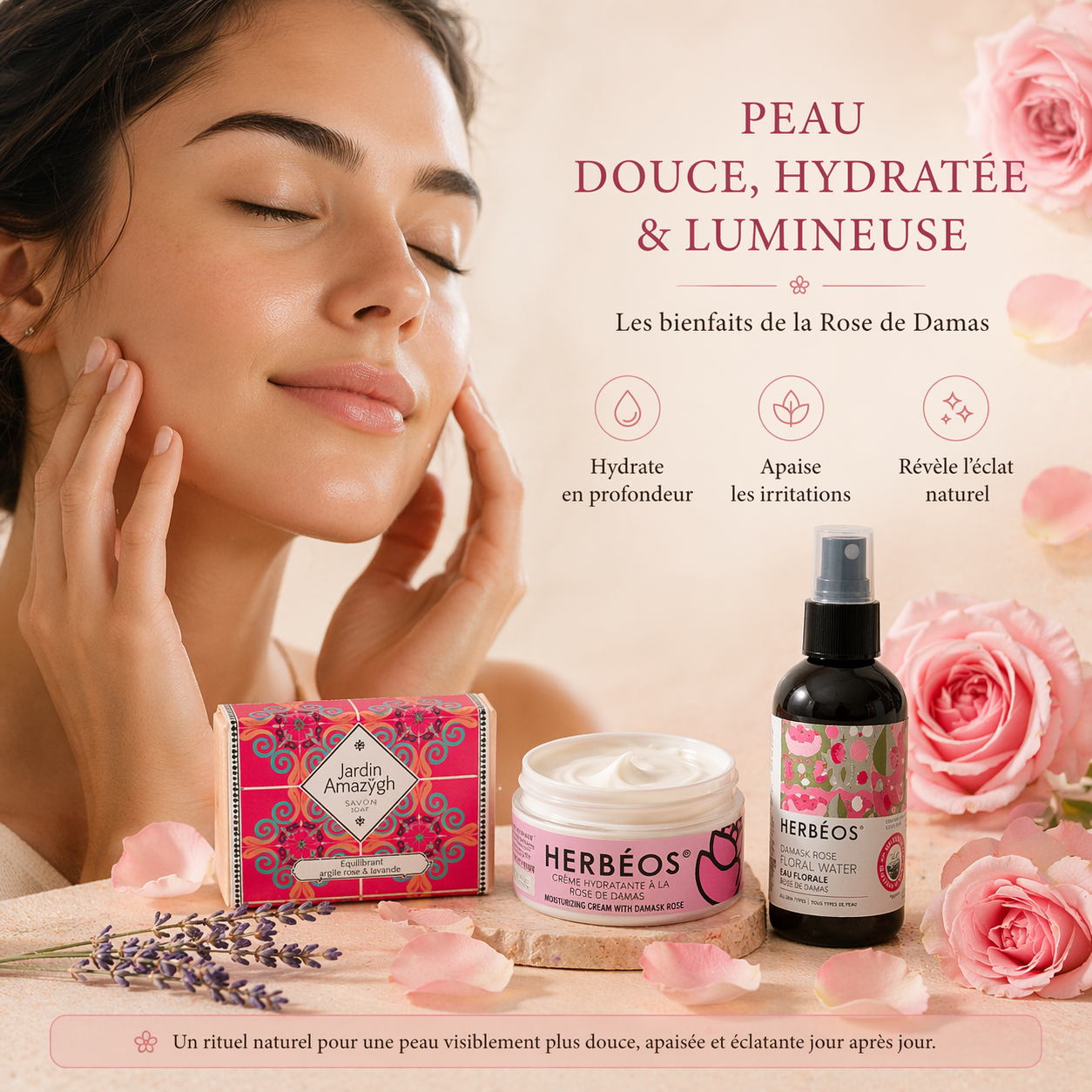 Soin visage naturel à la rose de damas pour une peau douce, hydratée et lumineuse avec coffret Le Figuier d’Orient
