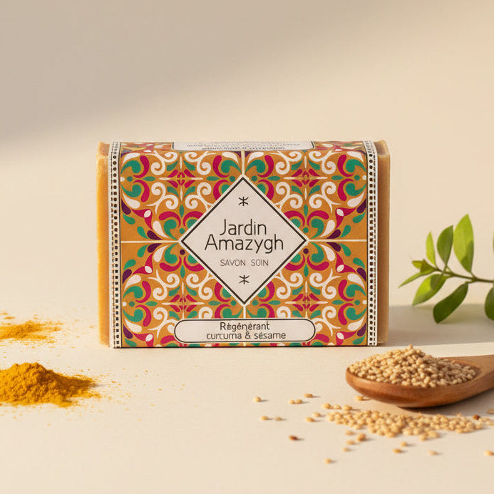 Savon naturel au curcuma et à l’huile de sésame – soin illuminant et nourrissant Le Figuier d’Orient, fabriqué artisanalement pour une peau douce, éclatante et hydratée.