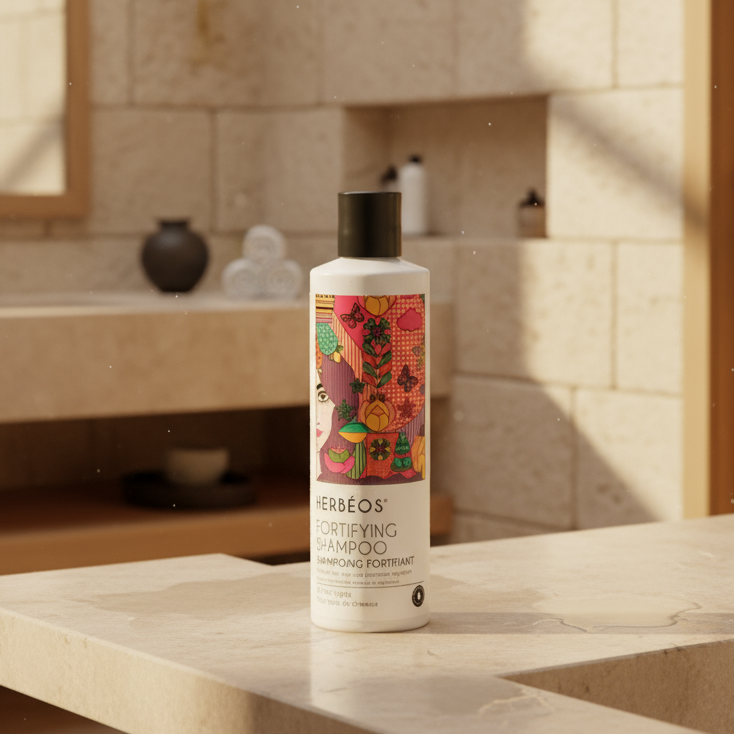 Shampoing naturel fortifiant pour cheveux Le Figuier d’Orient, enrichi en huiles précieuses, présenté dans une salle de bain élégante aux tons chauds et orientaux.