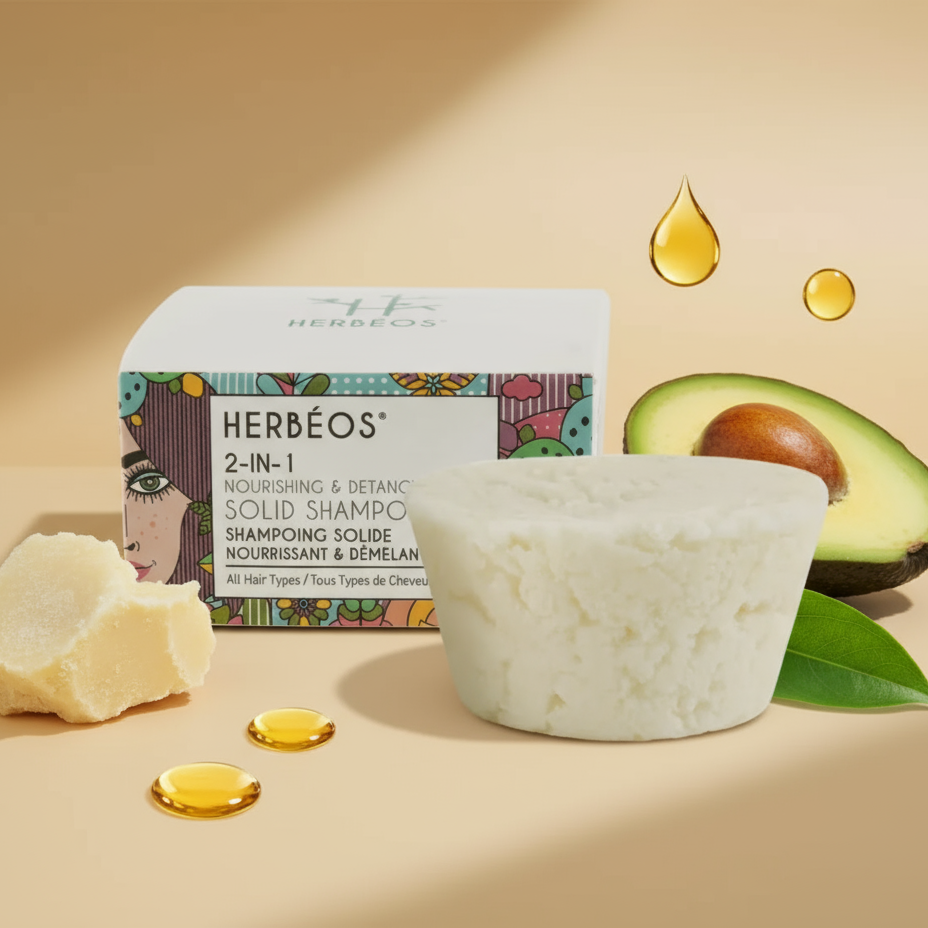 Shampoing solide naturel 2-en-1 Herbéos – soin nourrissant et démêlant pour cheveux bouclés, frisés et secs, présenté dans un décor épuré beige doré, élégant et naturel, univers Le Figuier d’Orient.