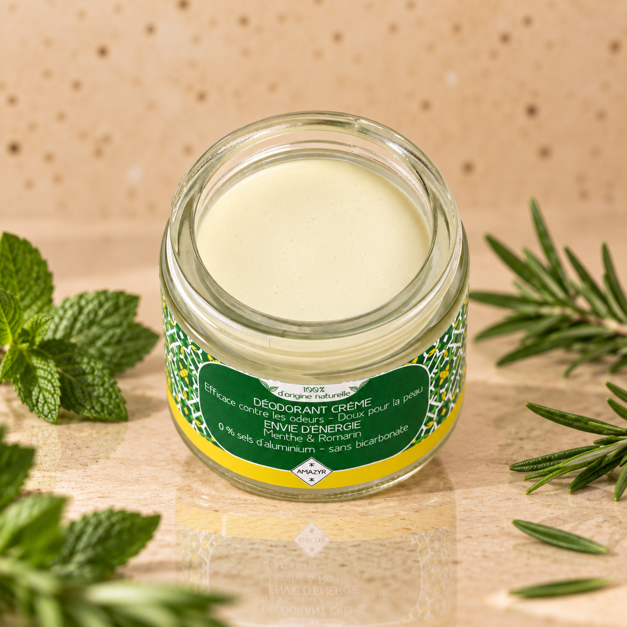 Texture du déodorant naturel crème Envie d’Énergie à la menthe et au romarin, formule douce sans sels d’aluminium – Le Figuier d’Orient
