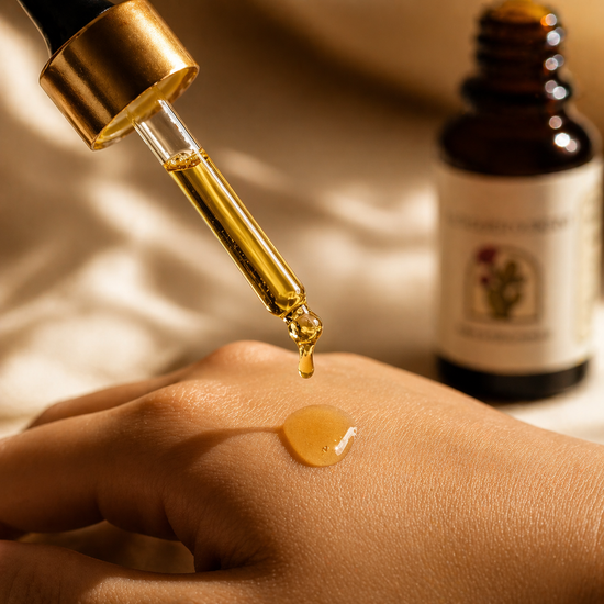 Goutte d’huile de pépins de figue de barbarie bio appliquée sur la peau, texture lumineuse et nourrissante Le Figuier d’Orient