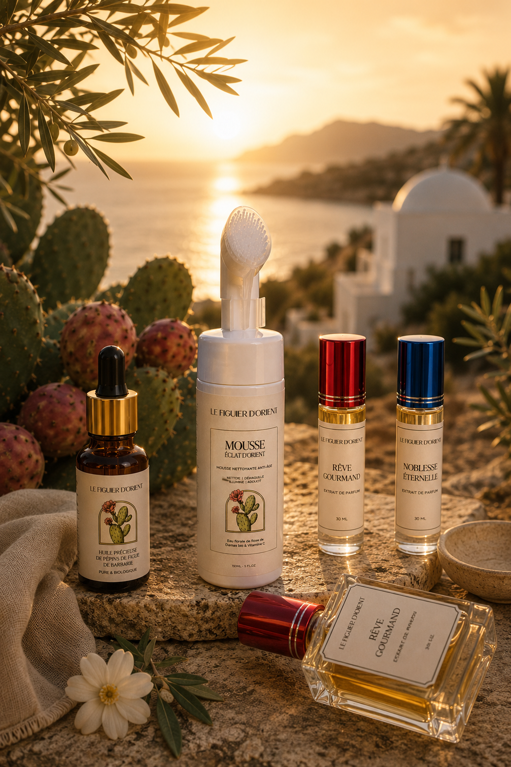 Univers du Figuier d'Orient avec huile précieuse de pépins de figue de barbarie, mousse nettoyante anti-âge et parfums d'exception dans un décor méditerranéen au coucher du soleil.